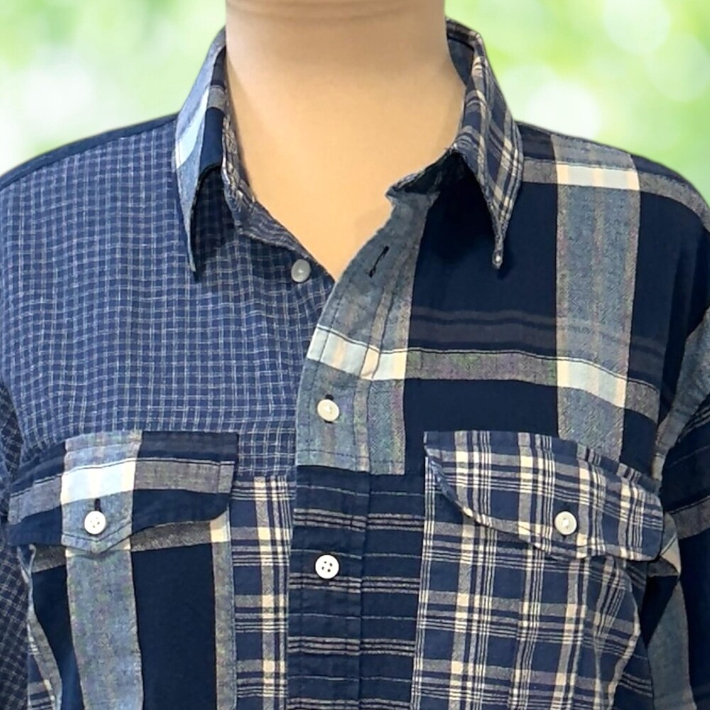 LAUREN RALPH LAUREN Patchwork Plaid Shirt Cotton Linen Button Front Blue Size M - Picture 2 of 13